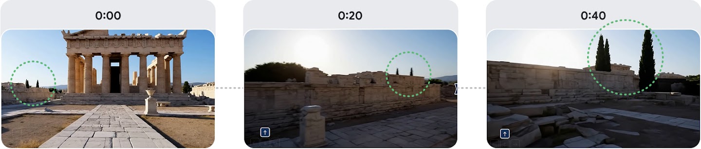 Genie 3 official image sequence revisiting a place at 0, 20, and 40 seconds